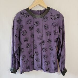 VTG 90's ERENA By Irena Koenig Purple/Black Print  Blouse Sz 6 Leather Trim Crew